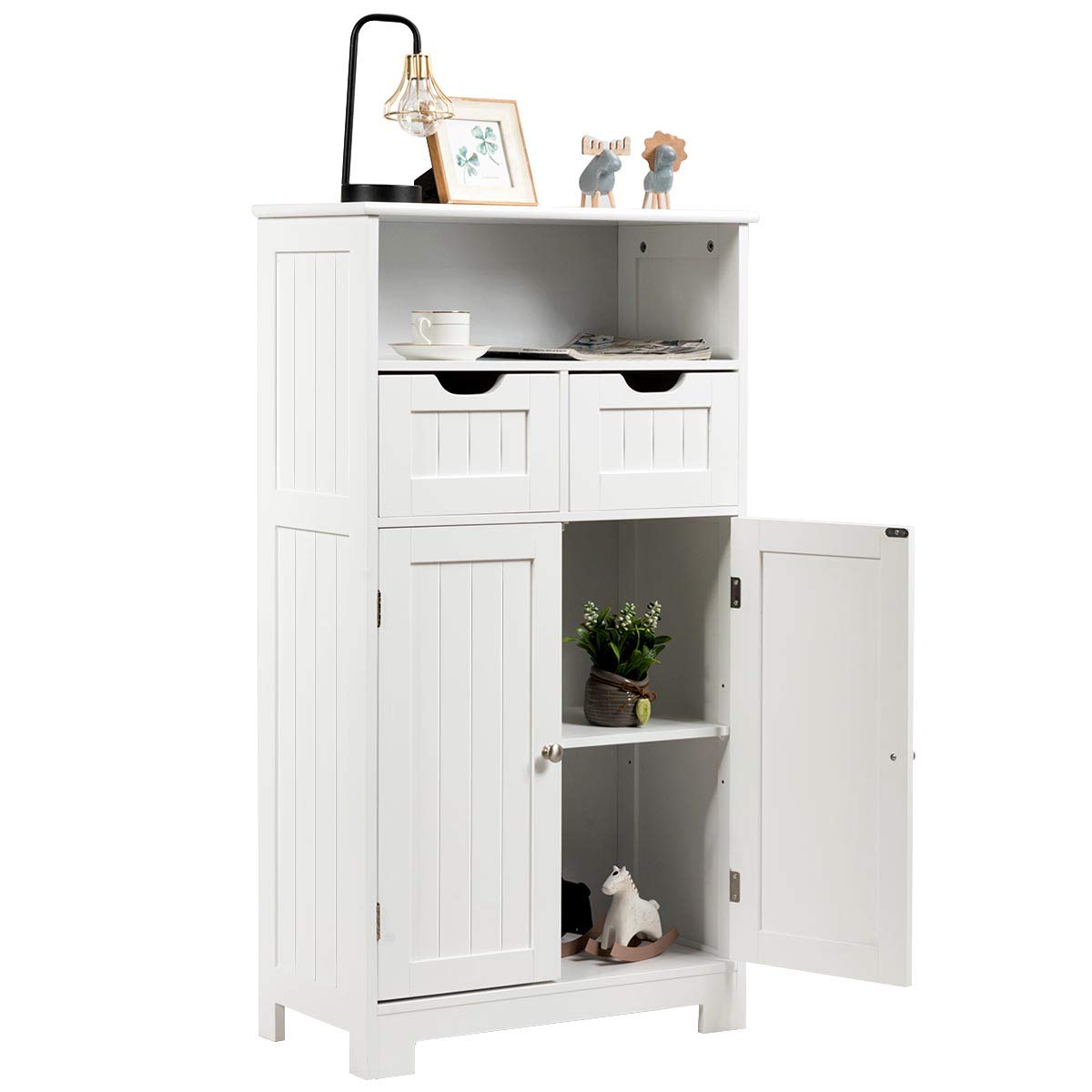 Tangkula Meuble de Rangement pour Salle de Bain, Meuble de Rangement avec Une Étagère Ouverte, Deux Portes et Deux Tiroirs Réglables, Armoire Debout pour Cuisine